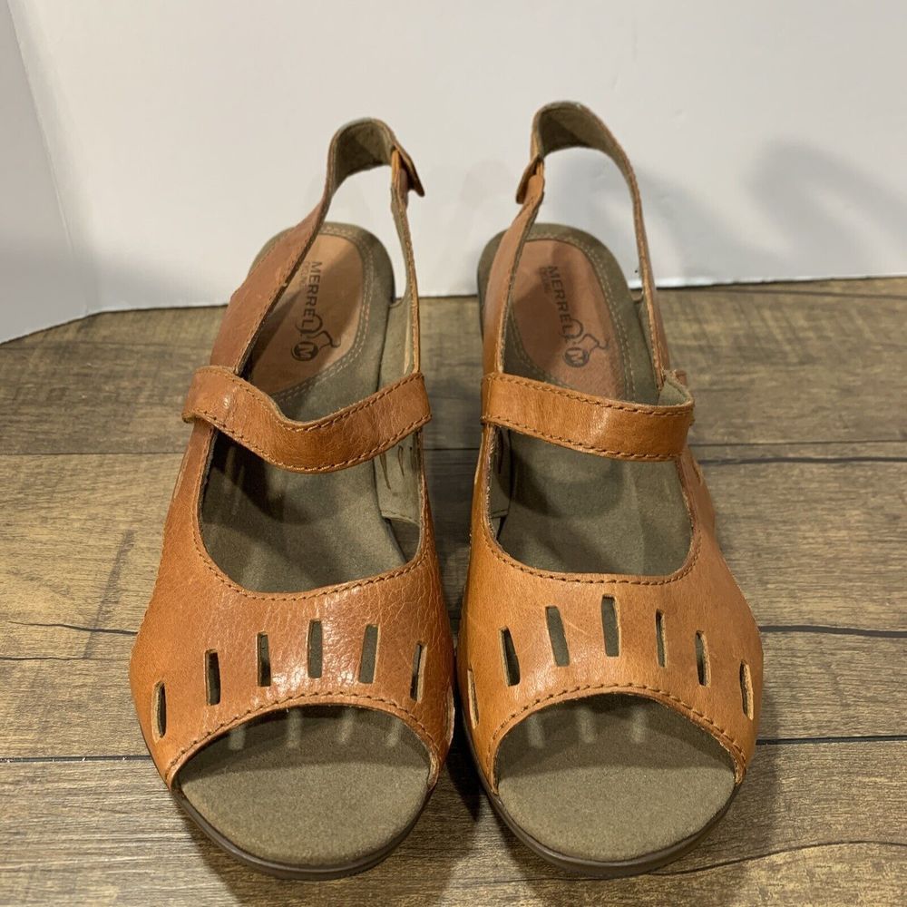 Merrell Evera Chase Tan Leather 3'' heel Slingback Sandals J58052 Size 9.5 Women